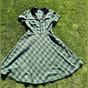Green & Black checkered Eshakti retro silhouette midi dress size L 12